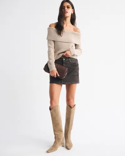 Abercrombie & Fitch Ribbed Foldover Off-the-shoulder Sweater In Sand