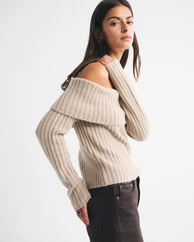 Abercrombie & Fitch Ribbed Foldover Off-the-shoulder Sweater In Sand