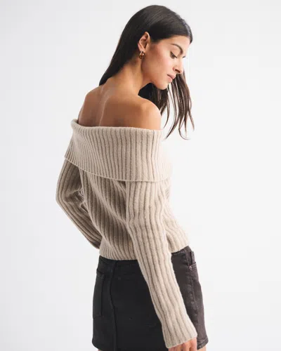 Abercrombie & Fitch Ribbed Foldover Off-the-shoulder Sweater In Sand