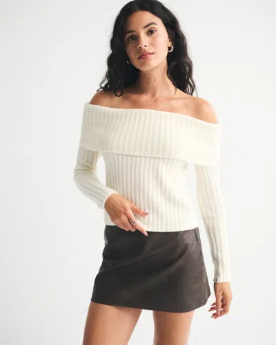 Abercrombie & Fitch Ribbed Foldover Off-the-shoulder Sweater In White