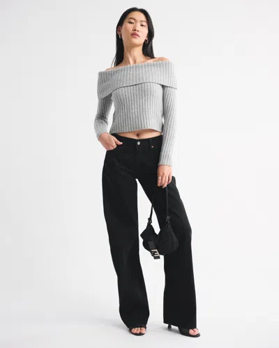 Abercrombie & Fitch Ribbed Foldover Off-the-shoulder Sweater In Gray
