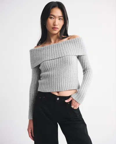 Abercrombie & Fitch Ribbed Foldover Off-the-shoulder Sweater In Gray
