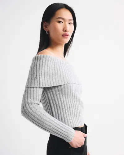 Abercrombie & Fitch Ribbed Foldover Off-the-shoulder Sweater In Gray
