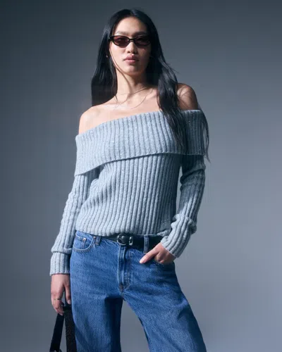 Abercrombie & Fitch Ribbed Foldover Off-the-shoulder Sweater In Gray