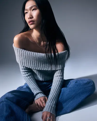 Abercrombie & Fitch Ribbed Foldover Off-the-shoulder Sweater In Gray