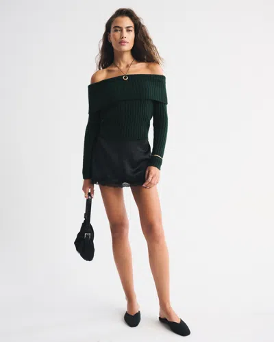 Abercrombie & Fitch Ribbed Foldover Off-the-shoulder Sweater In Green
