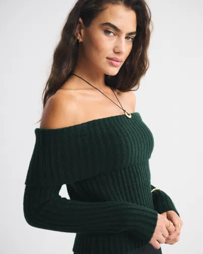 Abercrombie & Fitch Ribbed Foldover Off-the-shoulder Sweater In Green