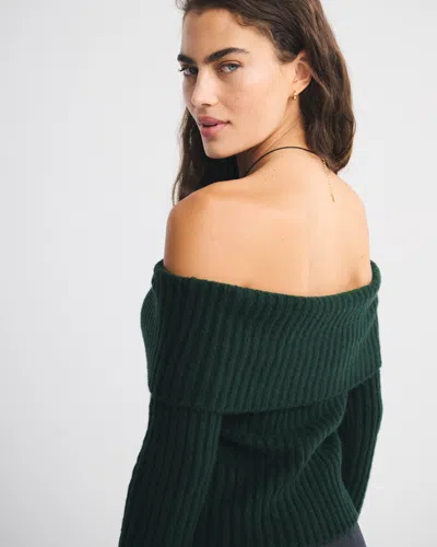 Abercrombie & Fitch Ribbed Foldover Off-the-shoulder Sweater In Green