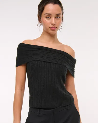Abercrombie & Fitch Ribbed Foldover Off-the-shoulder Sweater Top In Black