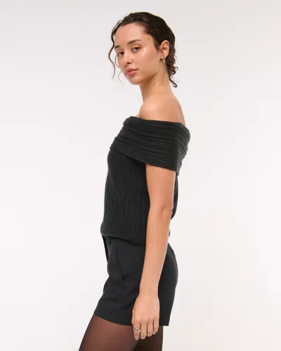 Abercrombie & Fitch Ribbed Foldover Off-the-shoulder Sweater Top In Black
