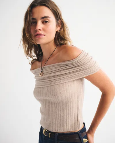 Abercrombie & Fitch Ribbed Foldover Off-the-shoulder Sweater Top In Brown