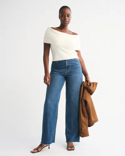 Abercrombie & Fitch Ribbed Foldover Off-the-shoulder Sweater Top In White