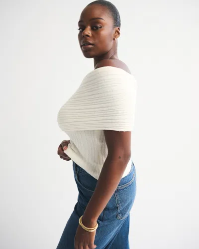 Abercrombie & Fitch Ribbed Foldover Off-the-shoulder Sweater Top In White