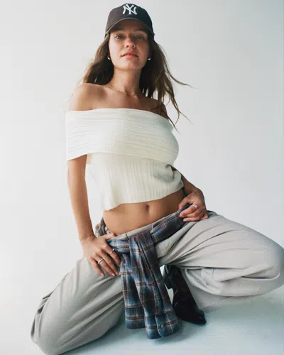 Abercrombie & Fitch Ribbed Foldover Off-the-shoulder Sweater Top In White