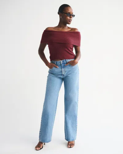 Abercrombie & Fitch Ribbed Foldover Off-the-shoulder Sweater Top In Red