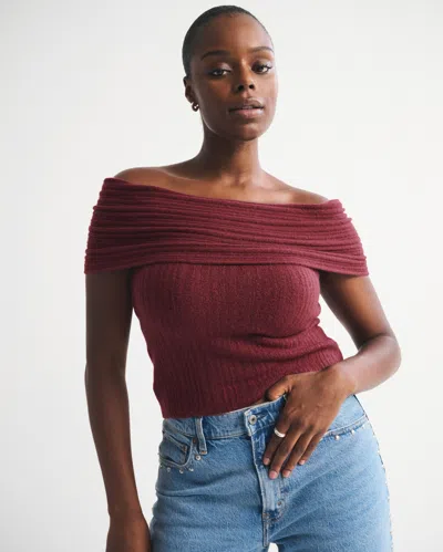 Abercrombie & Fitch Ribbed Foldover Off-the-shoulder Sweater Top In Red