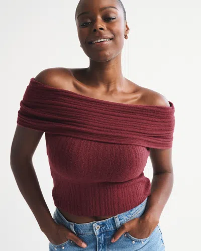 Abercrombie & Fitch Ribbed Foldover Off-the-shoulder Sweater Top In Red