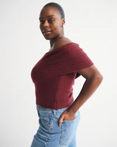 Abercrombie & Fitch Ribbed Foldover Off-the-shoulder Sweater Top In Red