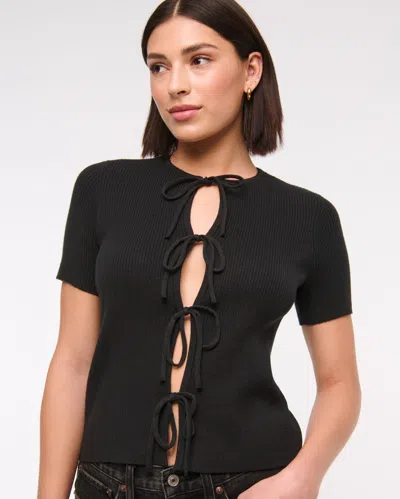 Abercrombie & Fitch Short-sleeve Tie-front Cardigan In Black