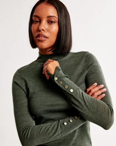 Abercrombie & Fitch Merino Wool Button Sleeve Mockneck Top In Green