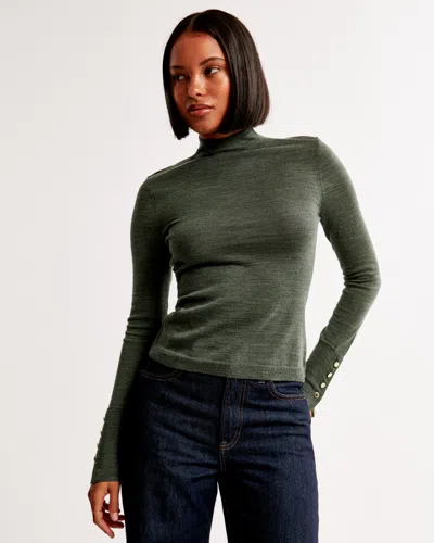 Abercrombie & Fitch Merino Wool Button Sleeve Mockneck Top In Green