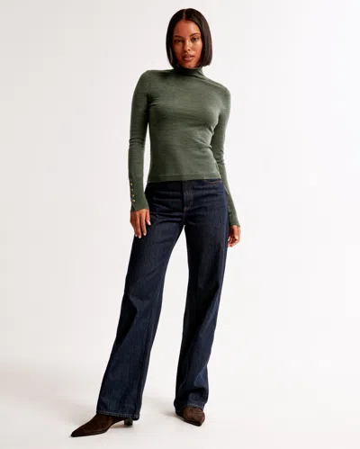 Abercrombie & Fitch Merino Wool Button Sleeve Mockneck Top In Green