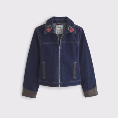 Abercrombie & Fitch Embroidered Denim Zip-up Jacket In Blue
