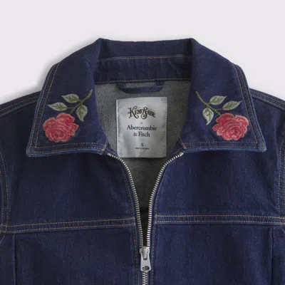 Abercrombie & Fitch Embroidered Denim Zip-up Jacket In Blue