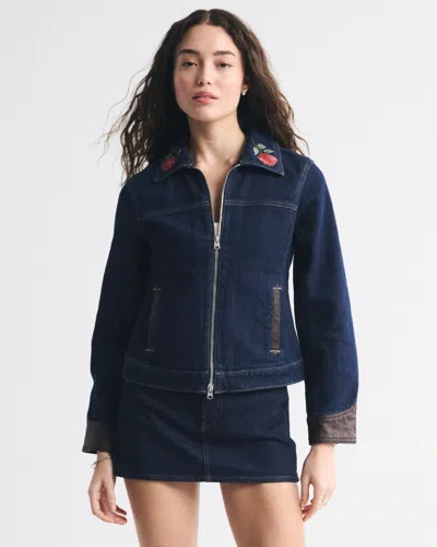 Abercrombie & Fitch Embroidered Denim Zip-up Jacket In Blue