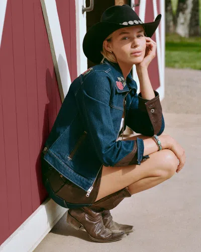 Abercrombie & Fitch Embroidered Denim Zip-up Jacket In Blue