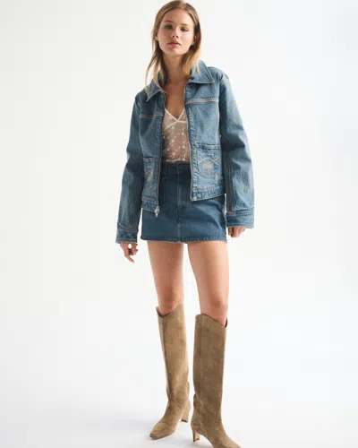 Abercrombie & Fitch Embroidered Denim Zip-up Jacket In Blue