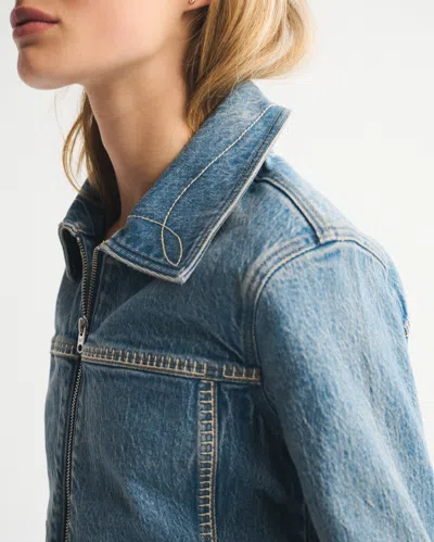 Abercrombie & Fitch Embroidered Denim Zip-up Jacket In Blue