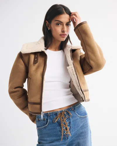 Abercrombie & Fitch Short Vegan Suede Shearling Coat In Brown