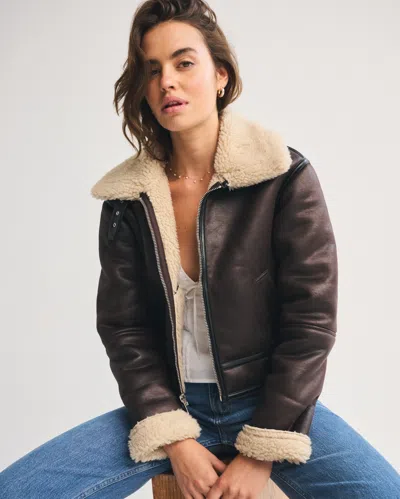 Abercrombie & Fitch Short Vegan Leather Shearling Coat In Brown