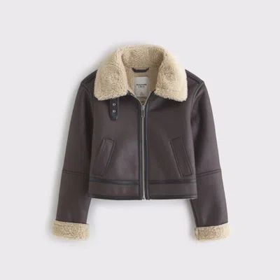Abercrombie & Fitch Short Vegan Leather Shearling Coat In Brown