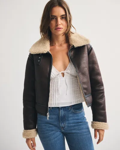 Abercrombie & Fitch Short Vegan Leather Shearling Coat In Brown