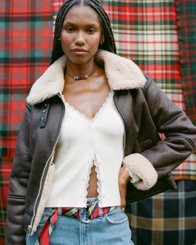 Abercrombie & Fitch Short Vegan Leather Shearling Coat In Brown