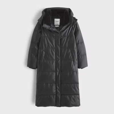 Abercrombie & Fitch Vegan Leather Long Puffer In Black
