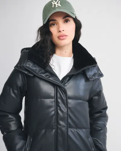 Abercrombie & Fitch Vegan Leather Long Puffer In Black