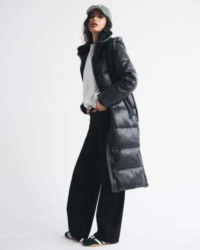 Abercrombie & Fitch Vegan Leather Long Puffer In Black