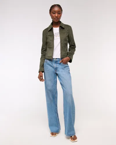 Abercrombie & Fitch Slim Zip Vegan Suede Jacket In Green