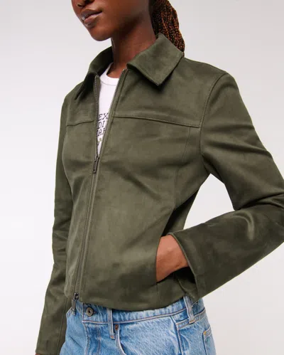 Abercrombie & Fitch Slim Zip Vegan Suede Jacket In Green