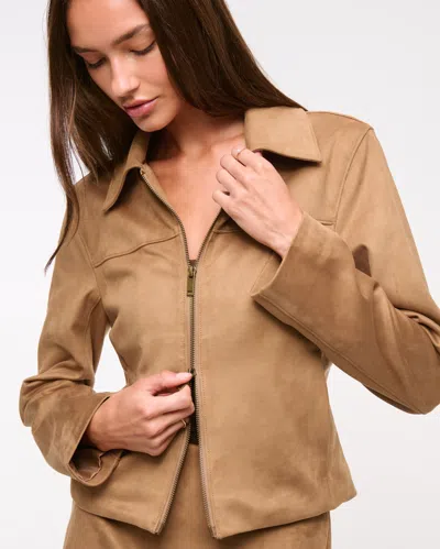Abercrombie & Fitch Slim Zip Vegan Suede Jacket In Brown
