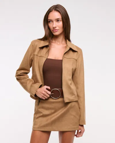 Abercrombie & Fitch Slim Zip Vegan Suede Jacket In Brown