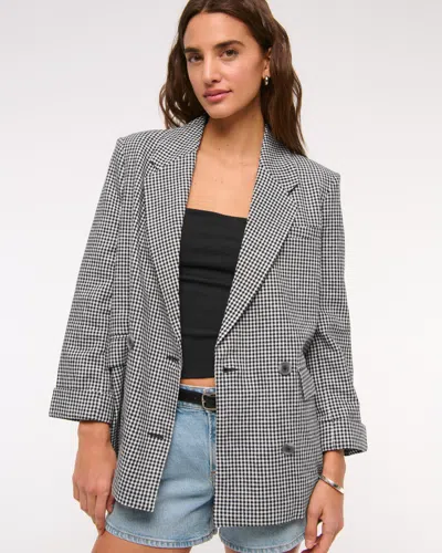 Abercrombie & Fitch Double-breasted Linen-blend Slouchy Blazer In Black
