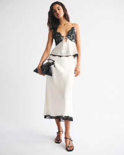 Abercrombie & Fitch High Rise Satin Lace-hem Midi Skirt In White