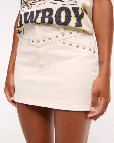 Abercrombie & Fitch Curve Love Mid Rise Studded Denim Mini Skirt In White