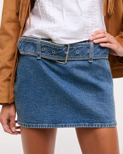 Abercrombie & Fitch Mid Rise Belted Denim Mini Skort In Blue