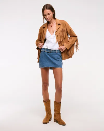 Abercrombie & Fitch Mid Rise Belted Denim Mini Skort In Blue