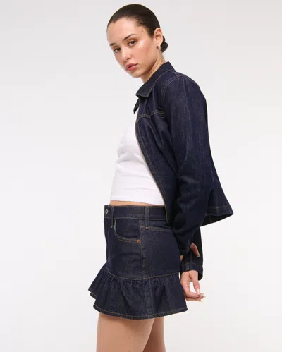Abercrombie & Fitch Mid Rise Drop-waist Ruffle Denim Mini Skirt In Blue